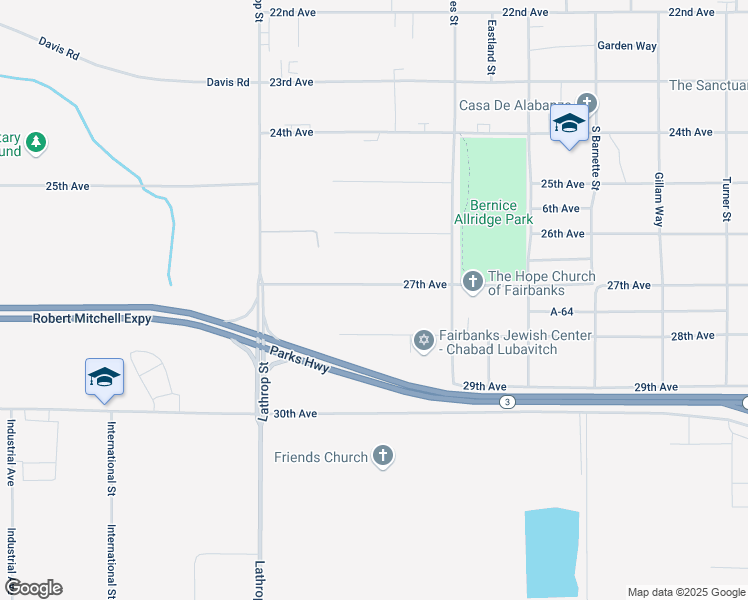 map of restaurants, bars, coffee shops, grocery stores, and more near 1505 27th Avenue in Fairbanks