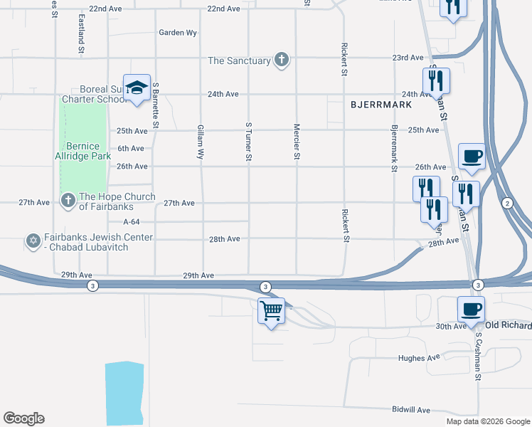 map of restaurants, bars, coffee shops, grocery stores, and more near 912 27th Avenue in Fairbanks