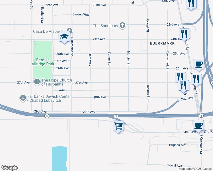 map of restaurants, bars, coffee shops, grocery stores, and more near 2631 Turner Street in Fairbanks