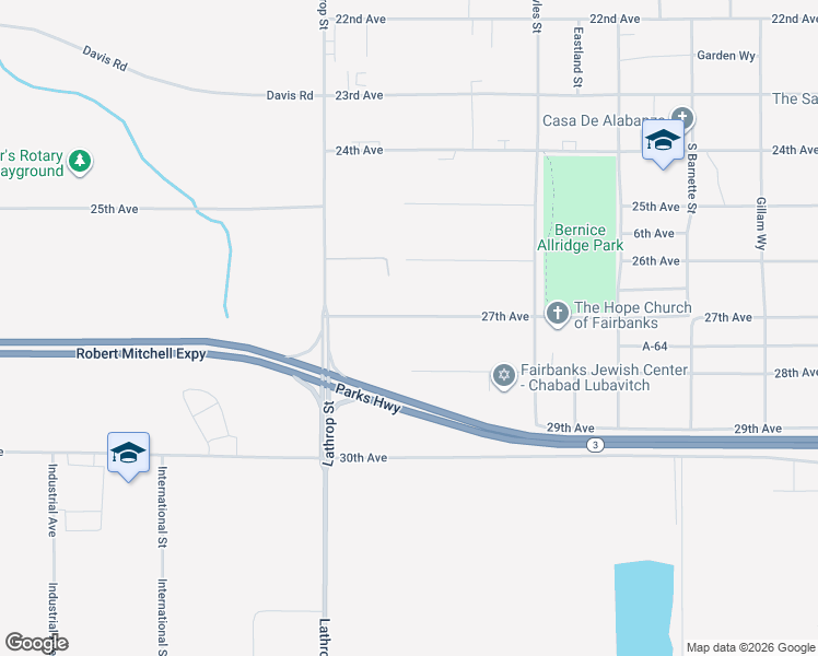 map of restaurants, bars, coffee shops, grocery stores, and more near 1514 27th Avenue in Fairbanks