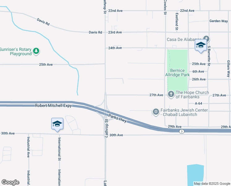 map of restaurants, bars, coffee shops, grocery stores, and more near 2615 Lathrop Street in Fairbanks