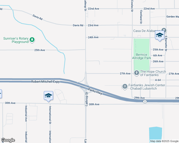 map of restaurants, bars, coffee shops, grocery stores, and more near 2615 Lathrop Street in Fairbanks