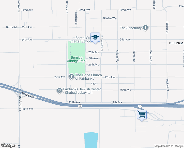 map of restaurants, bars, coffee shops, grocery stores, and more near 1216 27th Avenue in Fairbanks