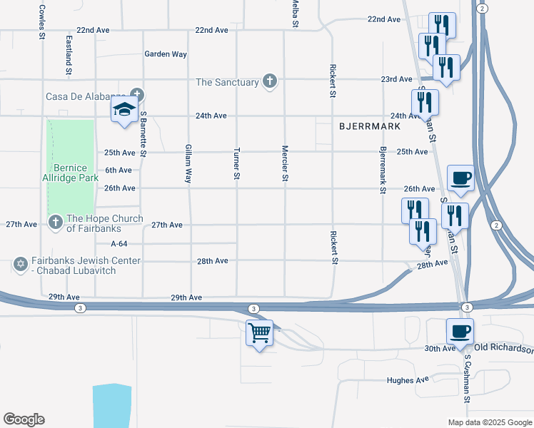 map of restaurants, bars, coffee shops, grocery stores, and more near 912 27th Avenue in Fairbanks