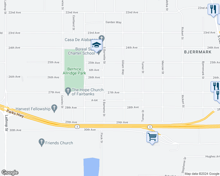 map of restaurants, bars, coffee shops, grocery stores, and more near 1124 27th Avenue in Fairbanks