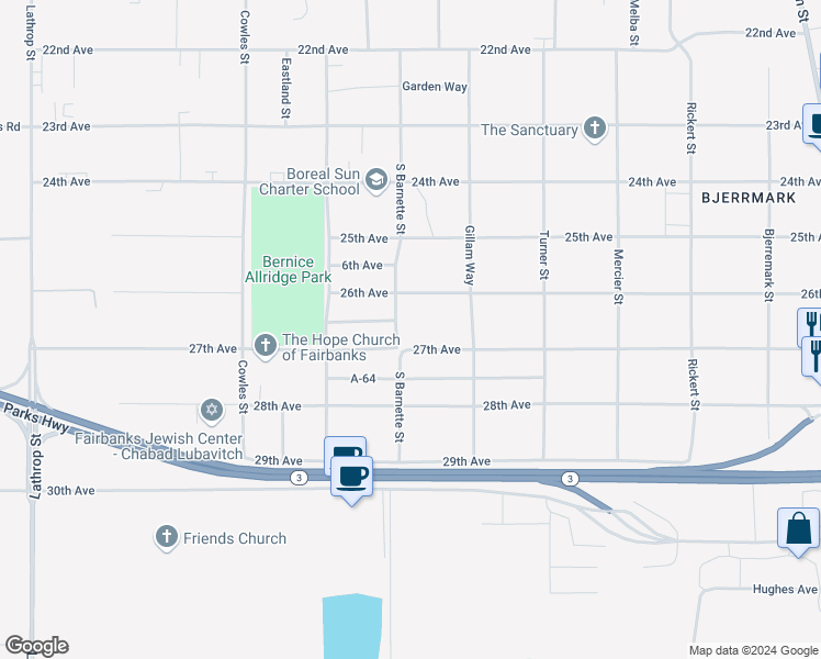 map of restaurants, bars, coffee shops, grocery stores, and more near 1201 27th Avenue in Fairbanks