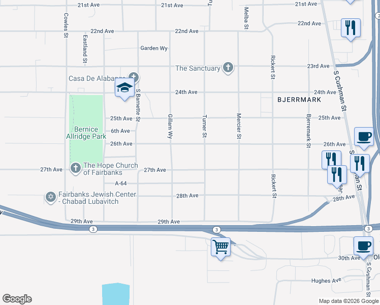 map of restaurants, bars, coffee shops, grocery stores, and more near 1033 27th Avenue in Fairbanks