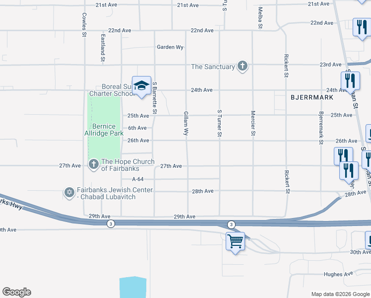 map of restaurants, bars, coffee shops, grocery stores, and more near 1034 27th Avenue in Fairbanks