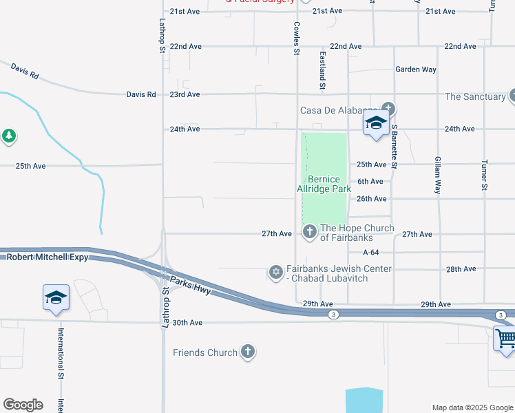 map of restaurants, bars, coffee shops, grocery stores, and more near 1503 27th Avenue in Fairbanks