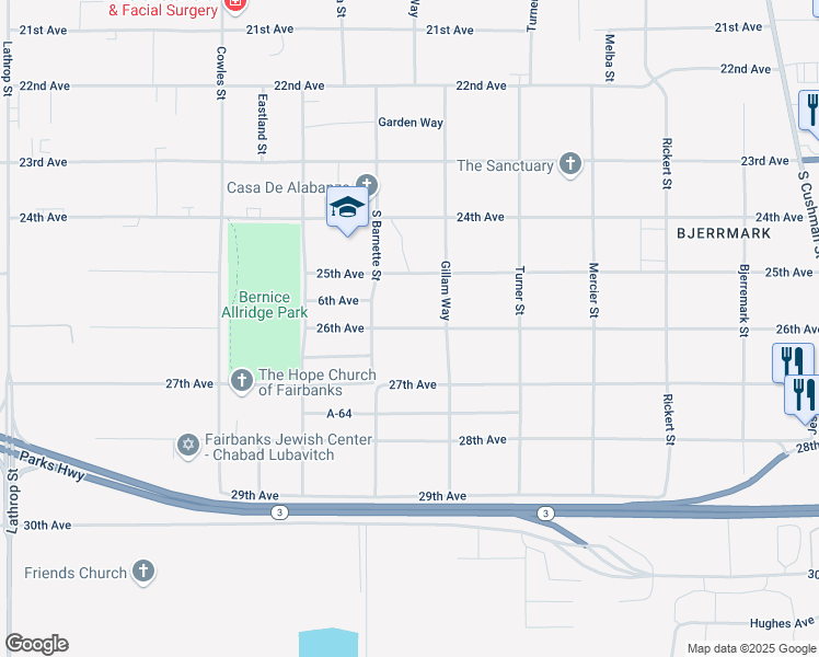 map of restaurants, bars, coffee shops, grocery stores, and more near 1117 26th Avenue in Fairbanks