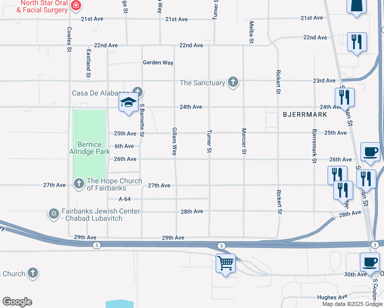 map of restaurants, bars, coffee shops, grocery stores, and more near 1015 25th Avenue in Fairbanks