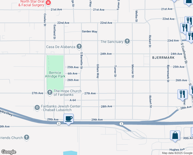 map of restaurants, bars, coffee shops, grocery stores, and more near 1045 25th Avenue in Fairbanks