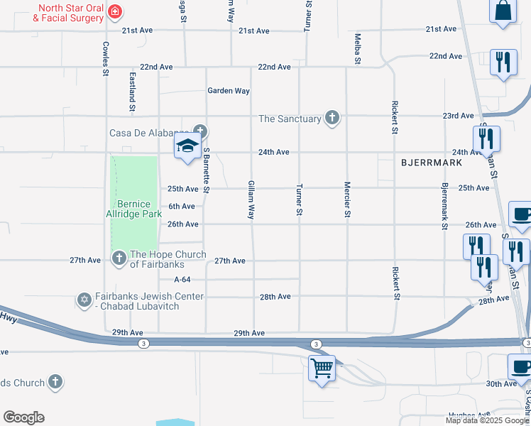 map of restaurants, bars, coffee shops, grocery stores, and more near 1015 25th Avenue in Fairbanks