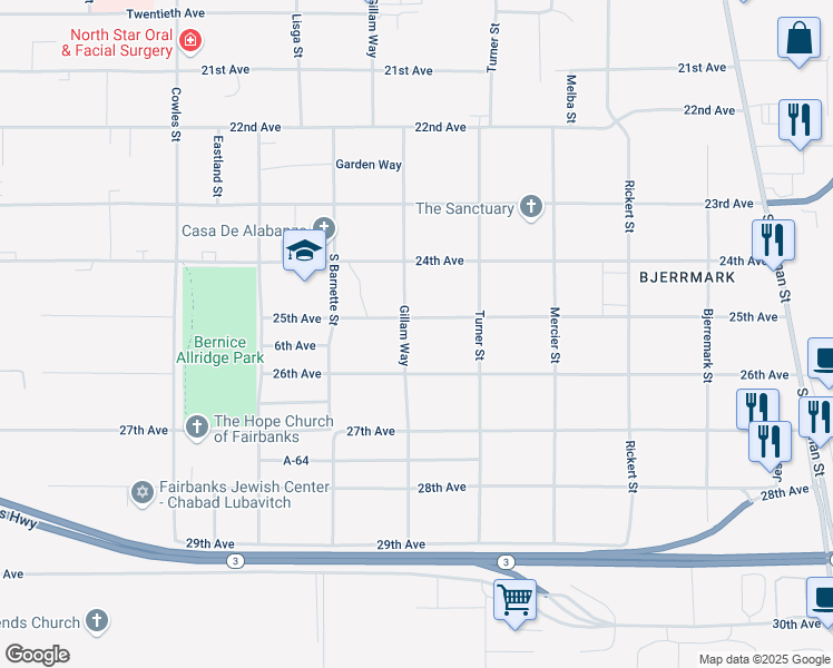 map of restaurants, bars, coffee shops, grocery stores, and more near 1045 25th Avenue in Fairbanks