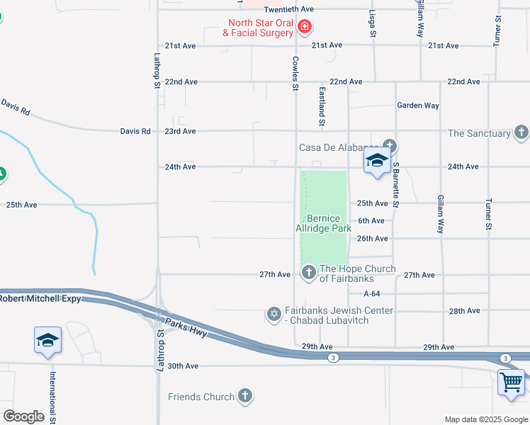 map of restaurants, bars, coffee shops, grocery stores, and more near 1425 25th Avenue in Fairbanks