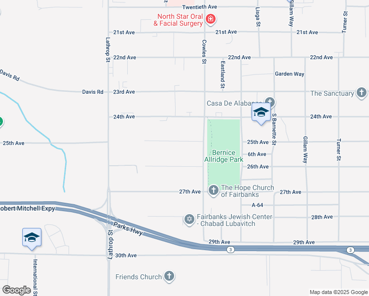 map of restaurants, bars, coffee shops, grocery stores, and more near 1425 25th Avenue in Fairbanks