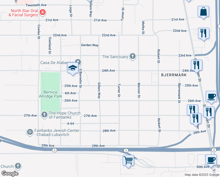 map of restaurants, bars, coffee shops, grocery stores, and more near 1015 25th Avenue in Fairbanks