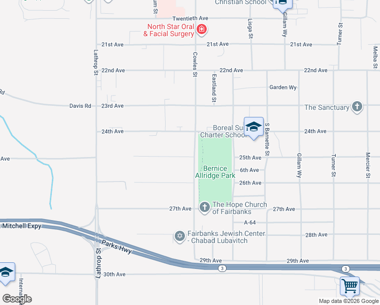 map of restaurants, bars, coffee shops, grocery stores, and more near 1402 26th Avenue in Fairbanks