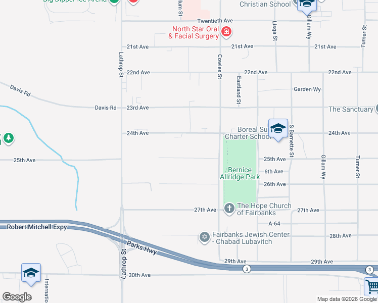 map of restaurants, bars, coffee shops, grocery stores, and more near 1502 26th Avenue in Fairbanks