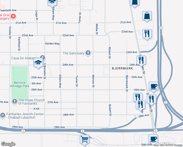 map of restaurants, bars, coffee shops, grocery stores, and more near 2406 Mercier Street in Fairbanks