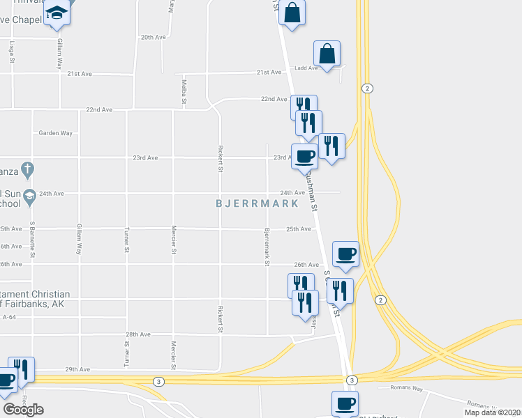 map of restaurants, bars, coffee shops, grocery stores, and more near 707 24th Avenue in Fairbanks