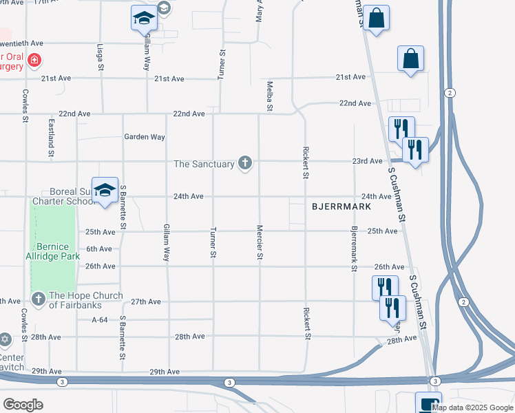 map of restaurants, bars, coffee shops, grocery stores, and more near 2401 Mercier Street in Fairbanks