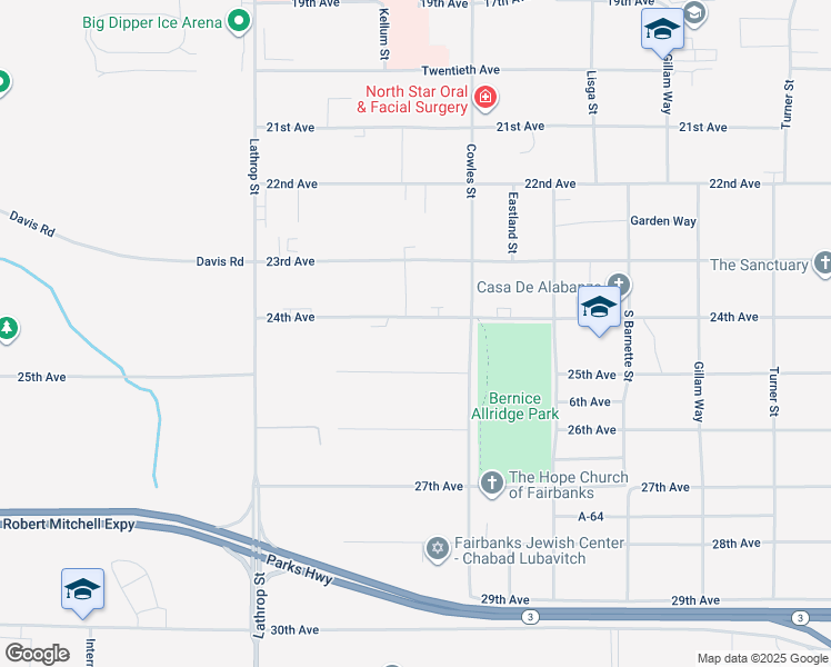 map of restaurants, bars, coffee shops, grocery stores, and more near 1410 24th Avenue in Fairbanks