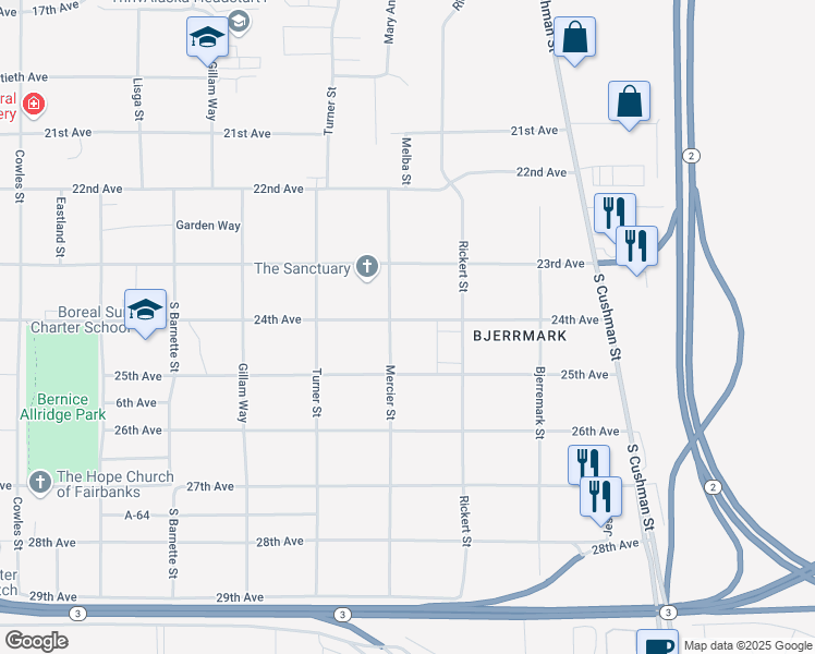 map of restaurants, bars, coffee shops, grocery stores, and more near 2401 Mercier Street in Fairbanks
