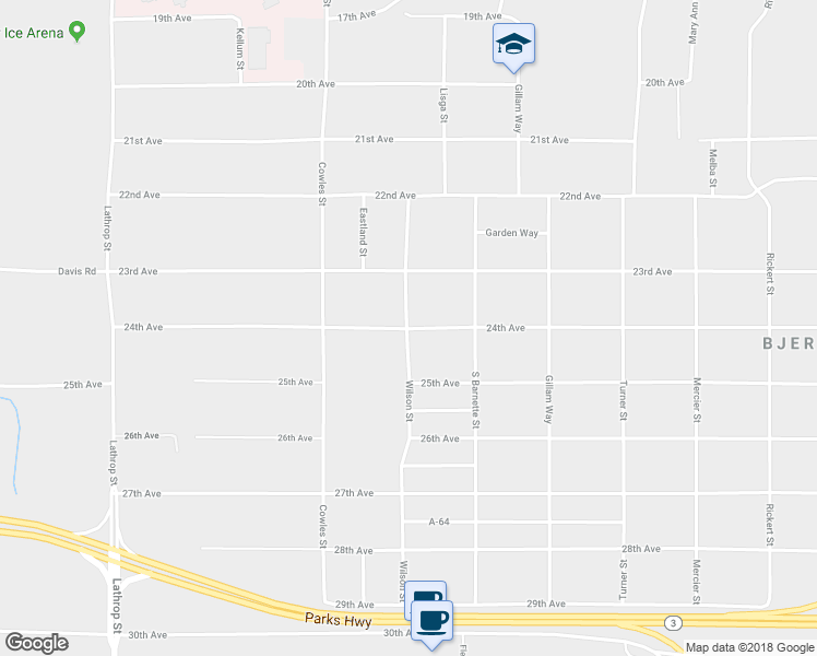 map of restaurants, bars, coffee shops, grocery stores, and more near 1300 24th Avenue in Fairbanks