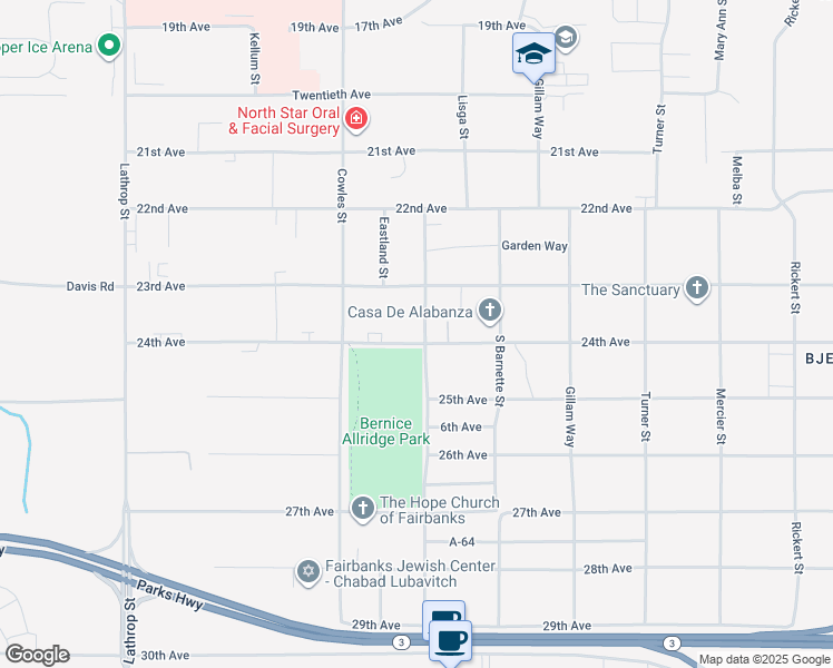 map of restaurants, bars, coffee shops, grocery stores, and more near 1300 24th Avenue in Fairbanks