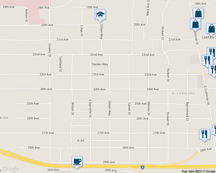 map of restaurants, bars, coffee shops, grocery stores, and more near 2328 Gillam Way in Fairbanks