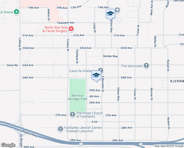 map of restaurants, bars, coffee shops, grocery stores, and more near 1216 24th Avenue in Fairbanks