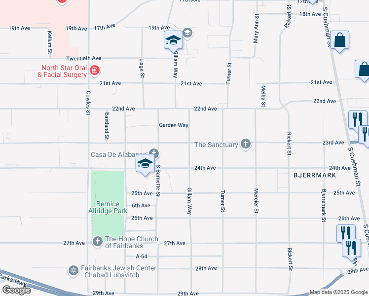 map of restaurants, bars, coffee shops, grocery stores, and more near 2328 Gillam Way in Fairbanks