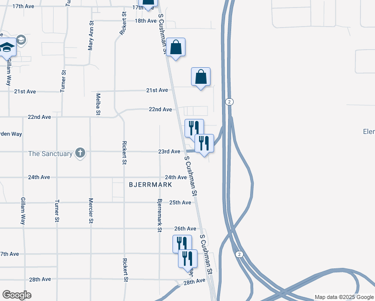 map of restaurants, bars, coffee shops, grocery stores, and more near S Cushman St & 23rd Ave in Fairbanks