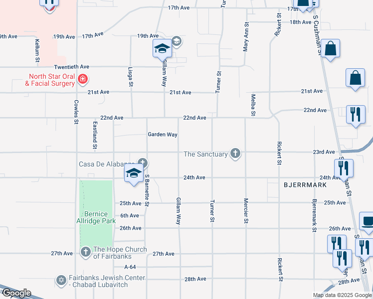 map of restaurants, bars, coffee shops, grocery stores, and more near 2204 Gillam Way in Fairbanks