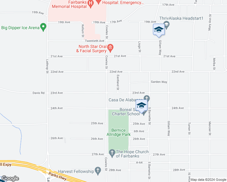 map of restaurants, bars, coffee shops, grocery stores, and more near 2214 Eastland Street in Fairbanks