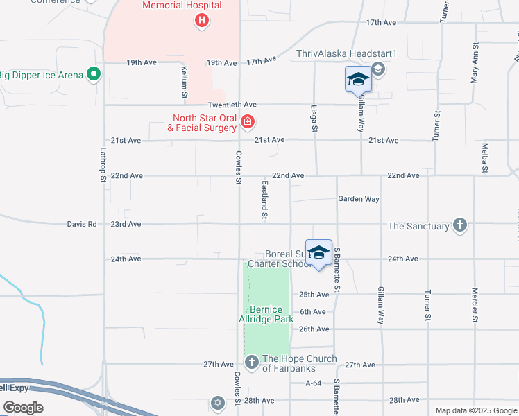 map of restaurants, bars, coffee shops, grocery stores, and more near 2214 Eastland Street in Fairbanks
