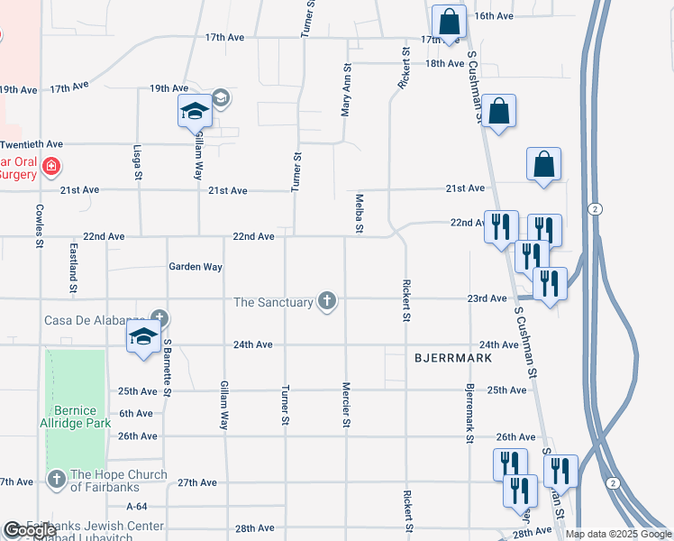 map of restaurants, bars, coffee shops, grocery stores, and more near 2224 Mercier Street in Fairbanks