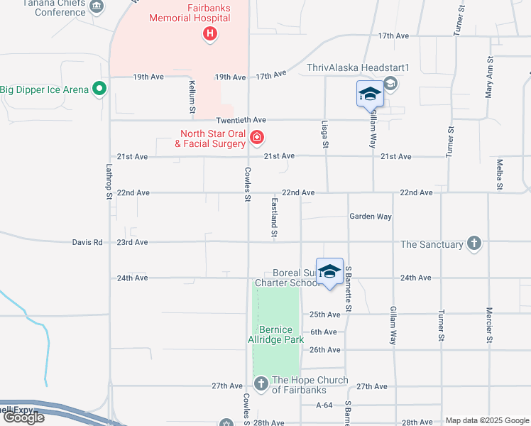 map of restaurants, bars, coffee shops, grocery stores, and more near 2214 Eastland Street in Fairbanks