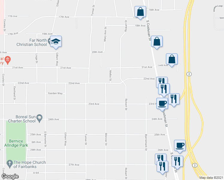 map of restaurants, bars, coffee shops, grocery stores, and more near 2215 Mercier Street in Fairbanks