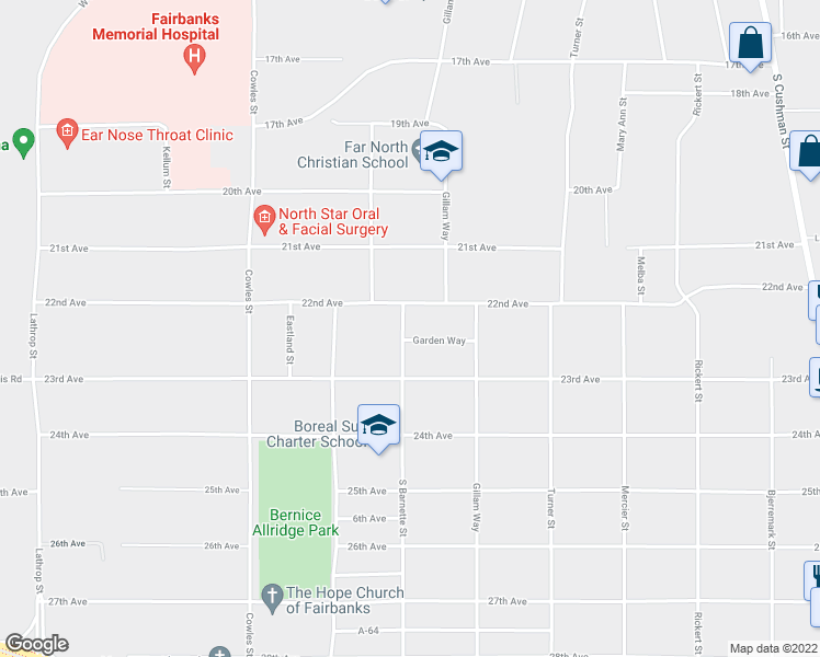 map of restaurants, bars, coffee shops, grocery stores, and more near 2219 South Barnette Street in Fairbanks
