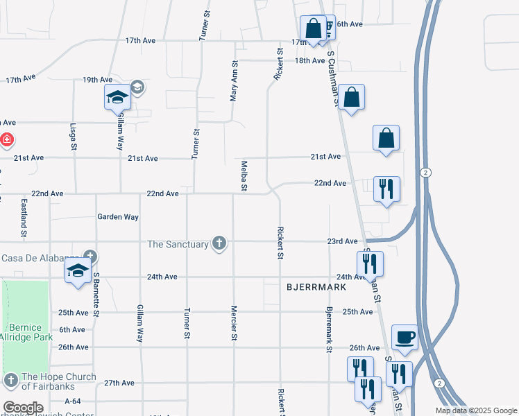 map of restaurants, bars, coffee shops, grocery stores, and more near 823 22nd Avenue in Fairbanks