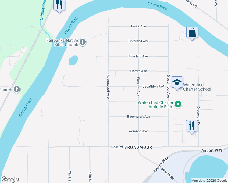 map of restaurants, bars, coffee shops, grocery stores, and more near 5281 Decathlon Avenue in Fairbanks