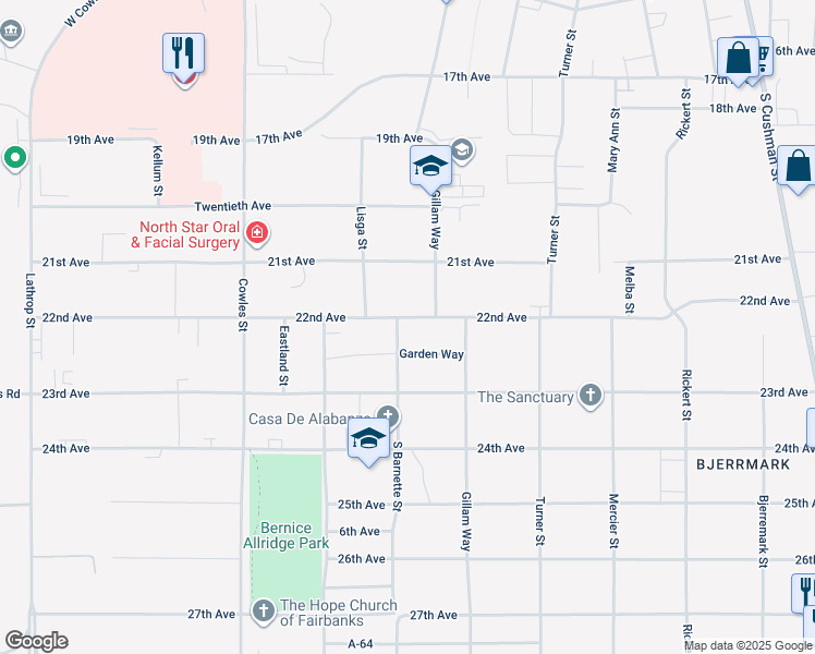 map of restaurants, bars, coffee shops, grocery stores, and more near 2219 South Barnette Street in Fairbanks