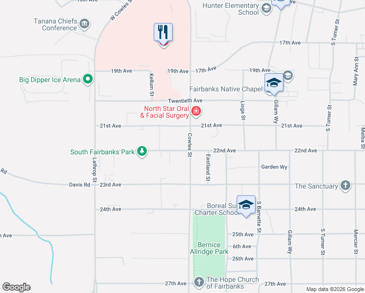 map of restaurants, bars, coffee shops, grocery stores, and more near 2224 Cowles Street in Fairbanks