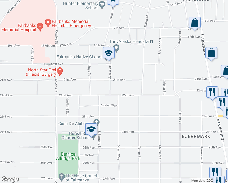 map of restaurants, bars, coffee shops, grocery stores, and more near 2113 Gillam Way in Fairbanks