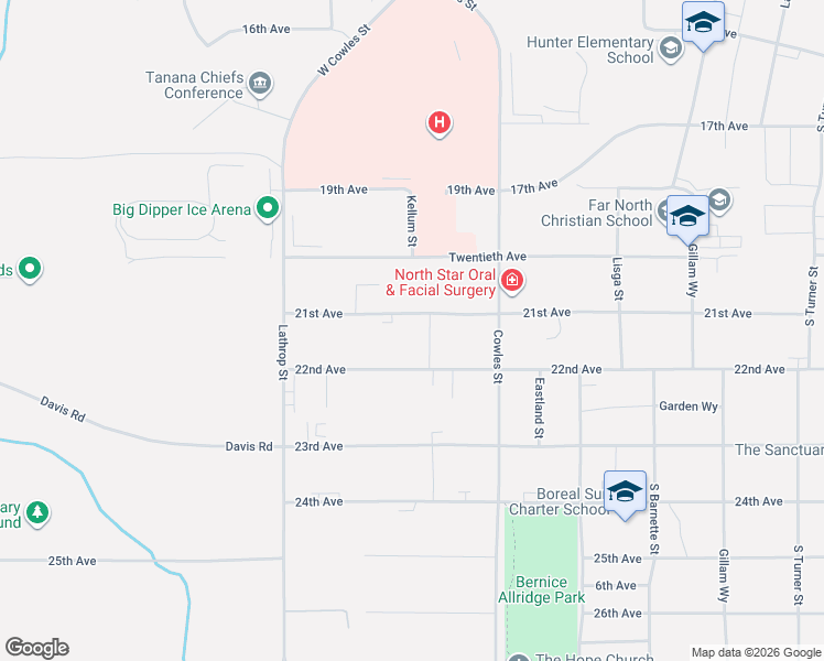 map of restaurants, bars, coffee shops, grocery stores, and more near 1503 21st Avenue in Fairbanks