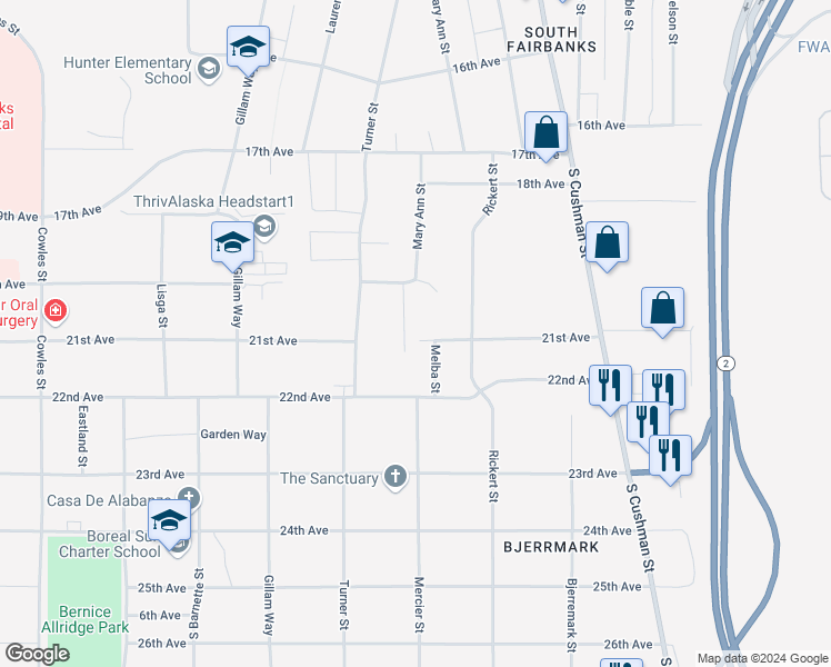 map of restaurants, bars, coffee shops, grocery stores, and more near 728 21st Avenue in Fairbanks