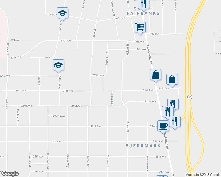 map of restaurants, bars, coffee shops, grocery stores, and more near 728 21st Avenue in Fairbanks
