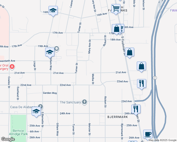 map of restaurants, bars, coffee shops, grocery stores, and more near 2025 Blueberry Street in Fairbanks